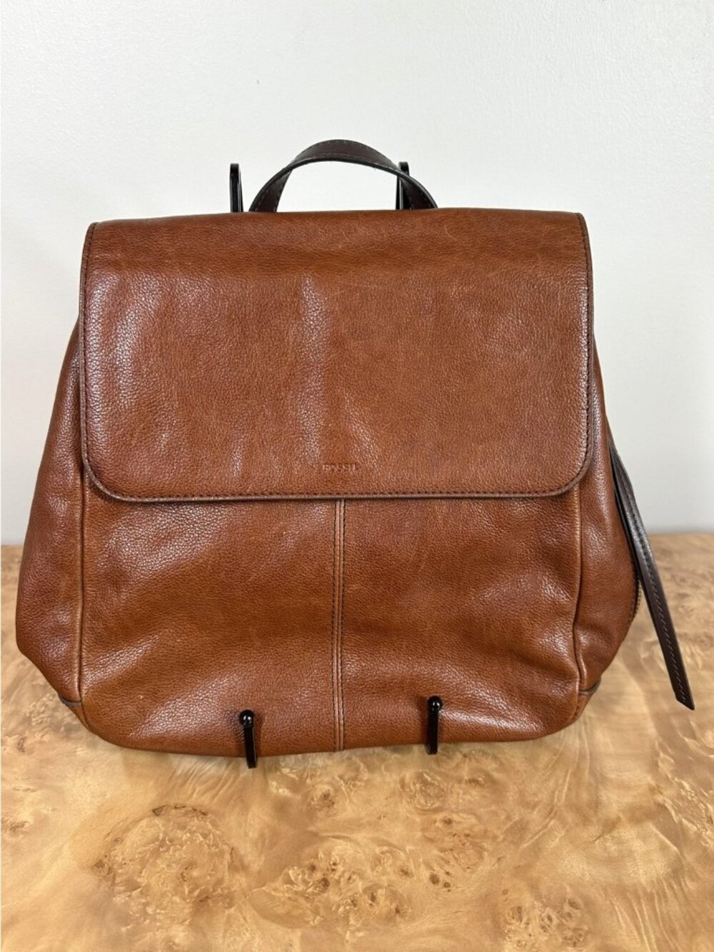 Fossil Cognac Brown Pebbled Leather Flap Backpack Purse Two Tone Travel Bag